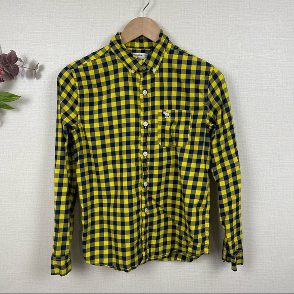 Abercrombie Kids Yellow Navy Check Collar Longsleeve ButtonDown Shirt size 13-14 - Picture 1 of 12